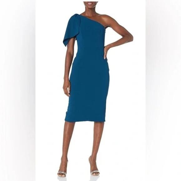 NWT Dress the Population Tiffany One Shoulder Bow Midi Dress Peacock Blue Size M - Picture 1 of 6
